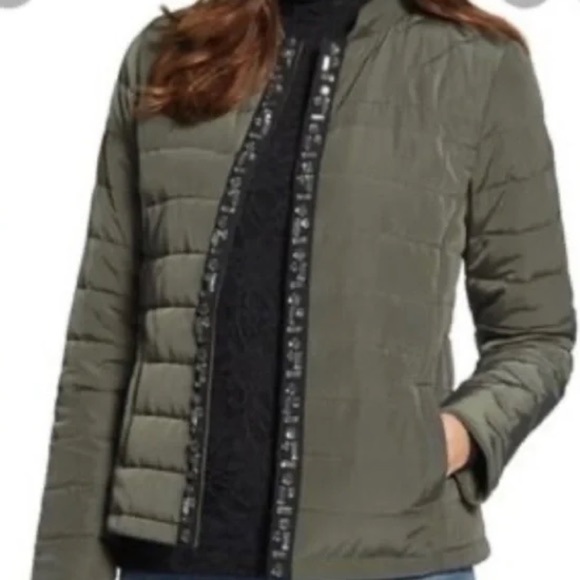 Chicos Jeweled Trim Olive Green Quilted Puffer Jacket Sz 2 (L/12) - Picture 1 of 13